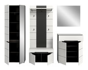 Modernes weiß-schwarzes Garderobenmöbel-Set mit Hochschrank, Garderobenpaneel mit Sitzbank und Schuhschrank, teils mit geöffneten Türen, Frontansicht