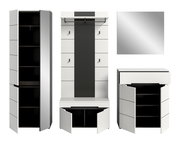Modernes weiß-schwarzes Garderobenmöbel-Set mit Hochschrank, Garderobenpaneel mit Sitzbank und Schuhschrank, teils mit geöffneten Türen, Frontansicht