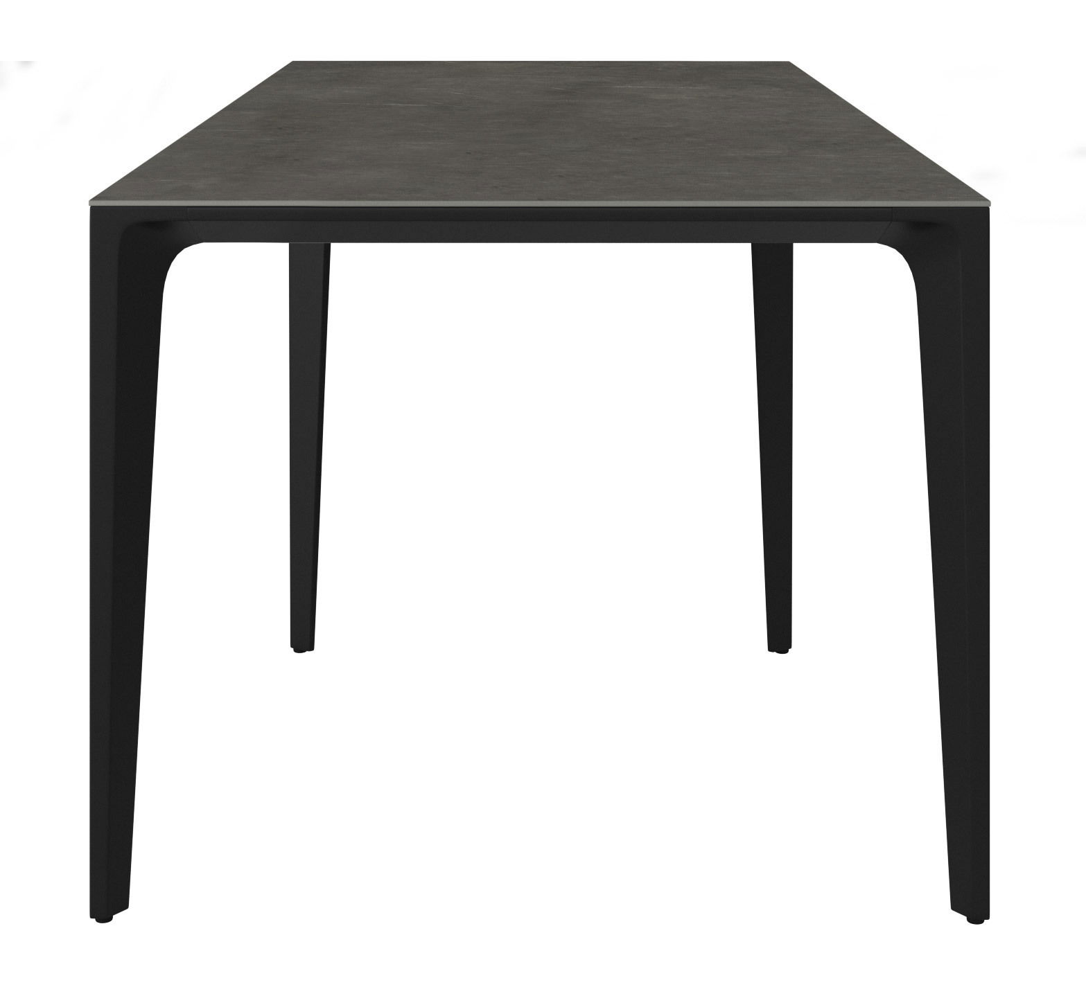 Moderner Gartentisch mit schwarzer Tischplatte und schlanken Beinen, Frontalansicht.