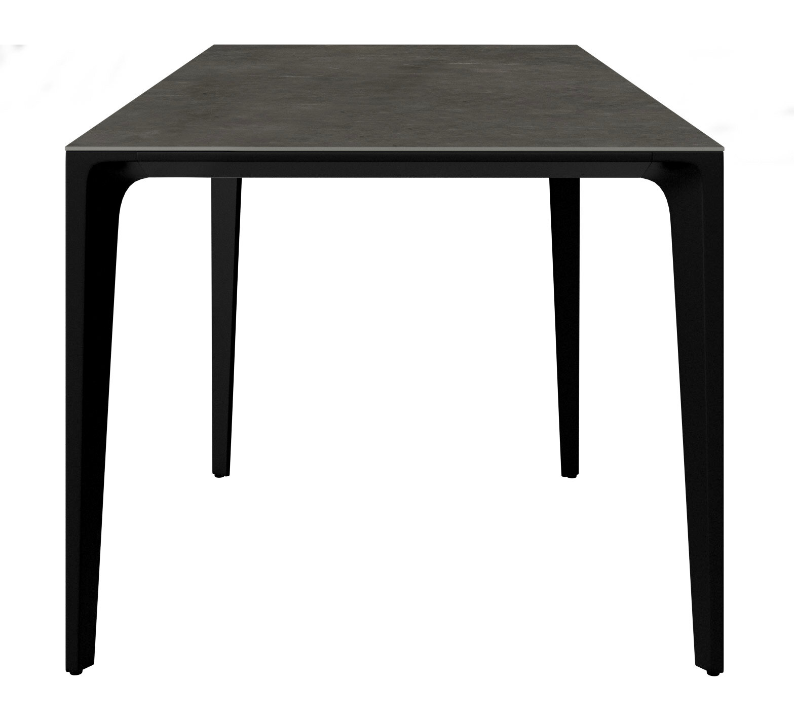 Moderner Gartentisch mit schwarzer Tischplatte und schlanken Beinen, Frontalansicht.