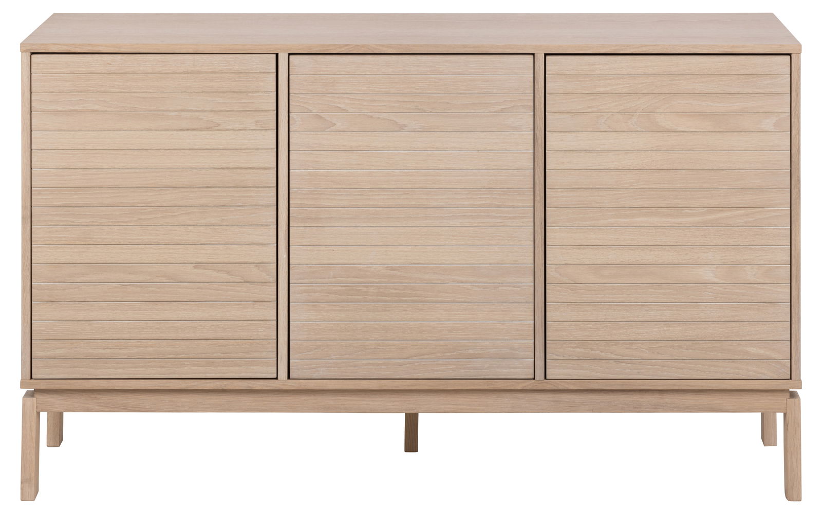 Frontale Ansicht eines modernen Sideboards aus hellem Holz mit drei Türen und schlichten Linien.