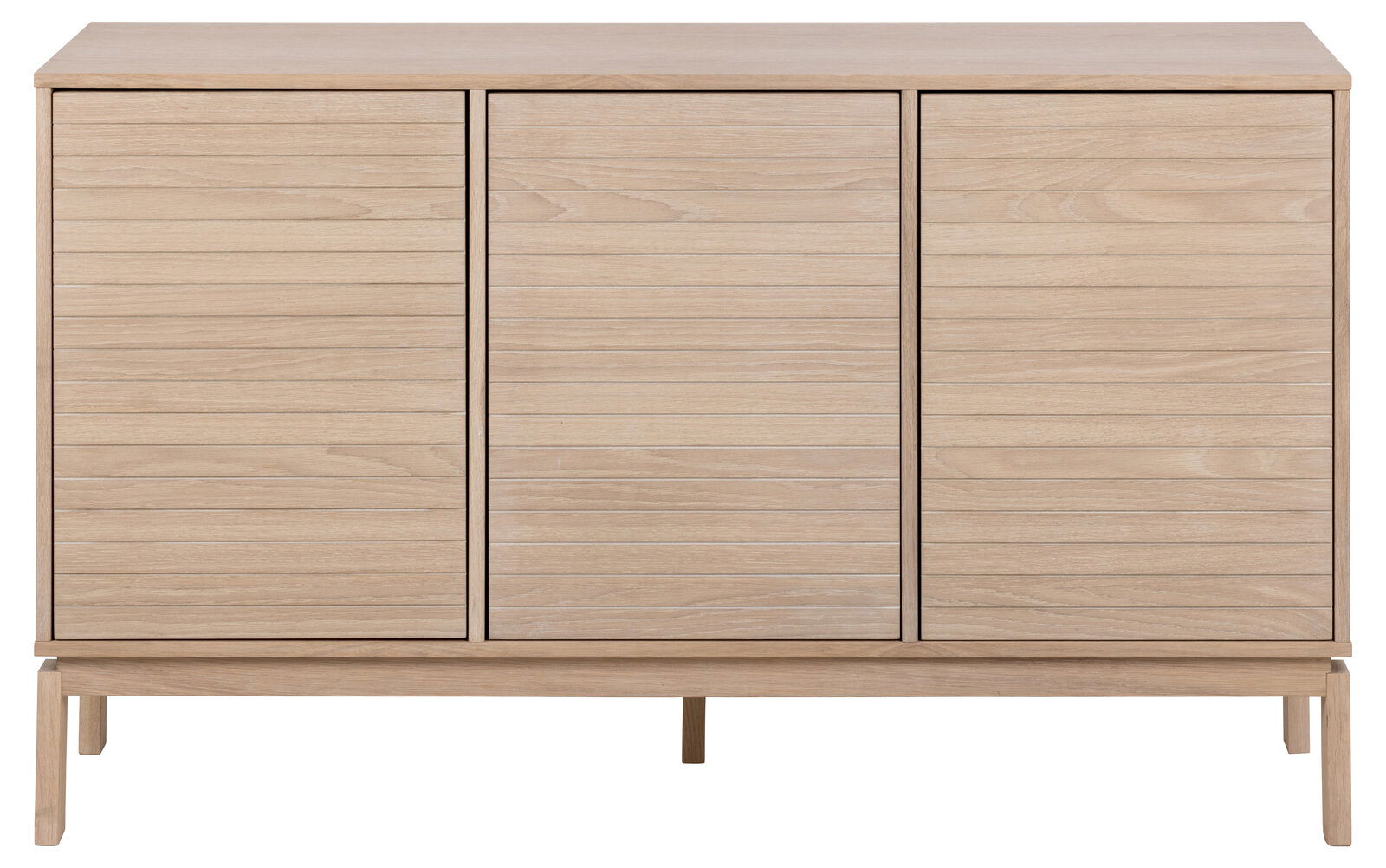 Frontale Ansicht eines modernen Sideboards aus hellem Holz mit drei Türen und schlichten Linien.