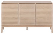 Frontale Ansicht eines modernen Sideboards aus hellem Holz mit drei Türen und schlichten Linien.