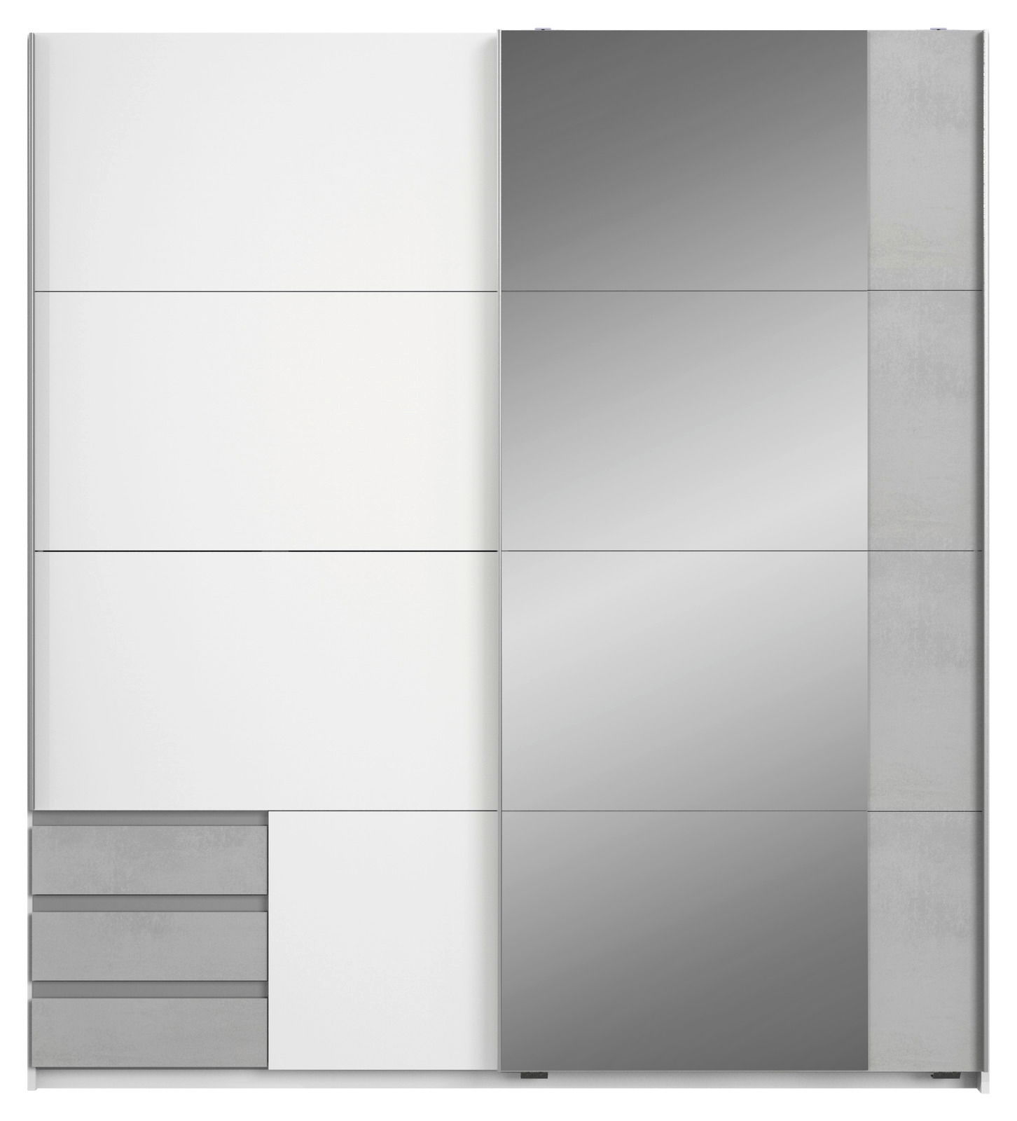 Moderner Schwebetürenschrank mit zwei Türen, eine in Weiß und die andere mit Spiegel, aus frontaler Perspektive.