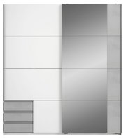 Moderner Schwebetürenschrank mit zwei Türen, eine in Weiß und die andere mit Spiegel, aus frontaler Perspektive.