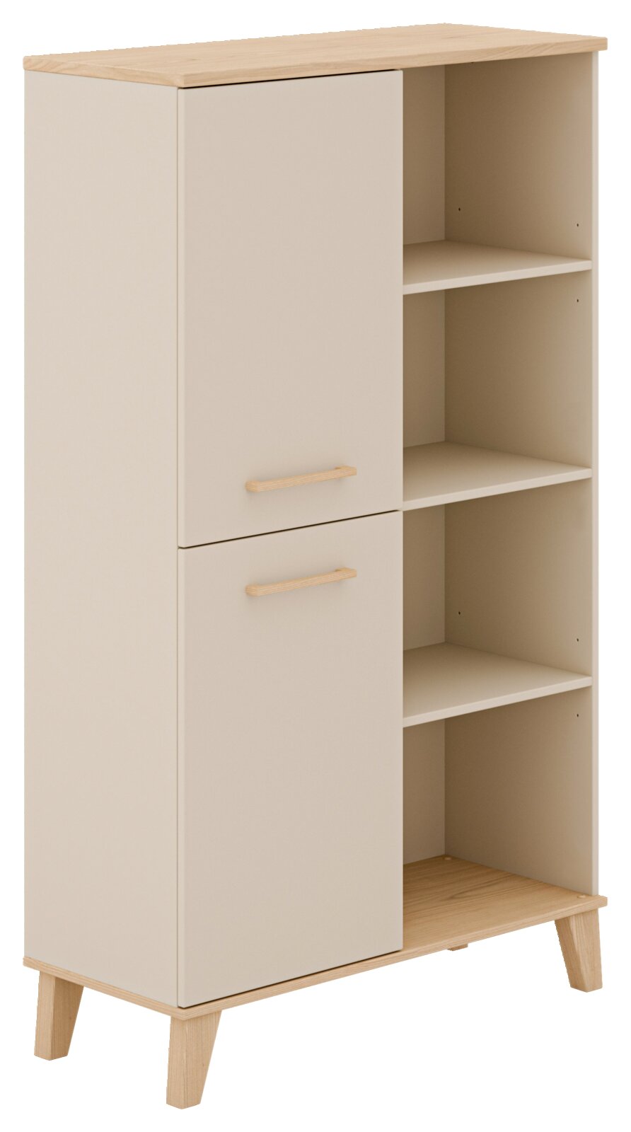 Standregal mit zwei Türen und offenen Regalfächern, aus hellem Holz, seitliche Perspektive
