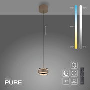 Moderne LED-Pendelleuchte in seitlicher Perspektive mit Fernbedienung, dimmbar und einstellbarer Farbtemperatur von 2700K bis 5000K.