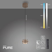 Moderne LED-Pendelleuchte in seitlicher Perspektive mit Fernbedienung, dimmbar und einstellbarer Farbtemperatur von 2700K bis 5000K.