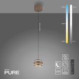 Moderne LED-Pendelleuchte in seitlicher Perspektive mit Fernbedienung, dimmbar und einstellbarer Farbtemperatur von 2700K bis 5000K.