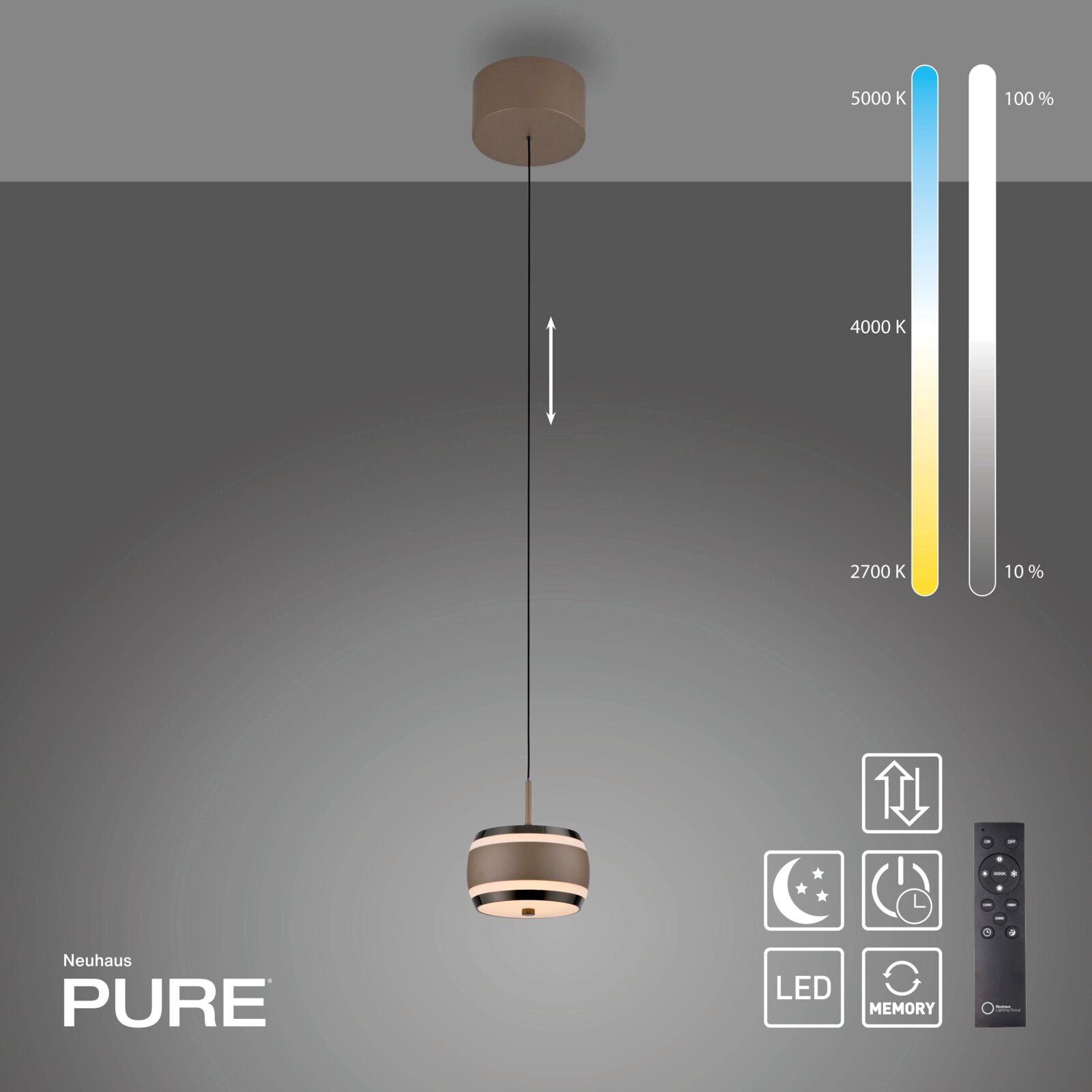 Moderne LED-hanglamp in zijaanzicht, met afstandsbediening, dimbaar en met een instelbare kleurtemperatuur van 2700 K tot 5000 K.
