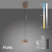 Moderne LED-hanglamp in zijaanzicht, met afstandsbediening, dimbaar en met een instelbare kleurtemperatuur van 2700 K tot 5000 K.