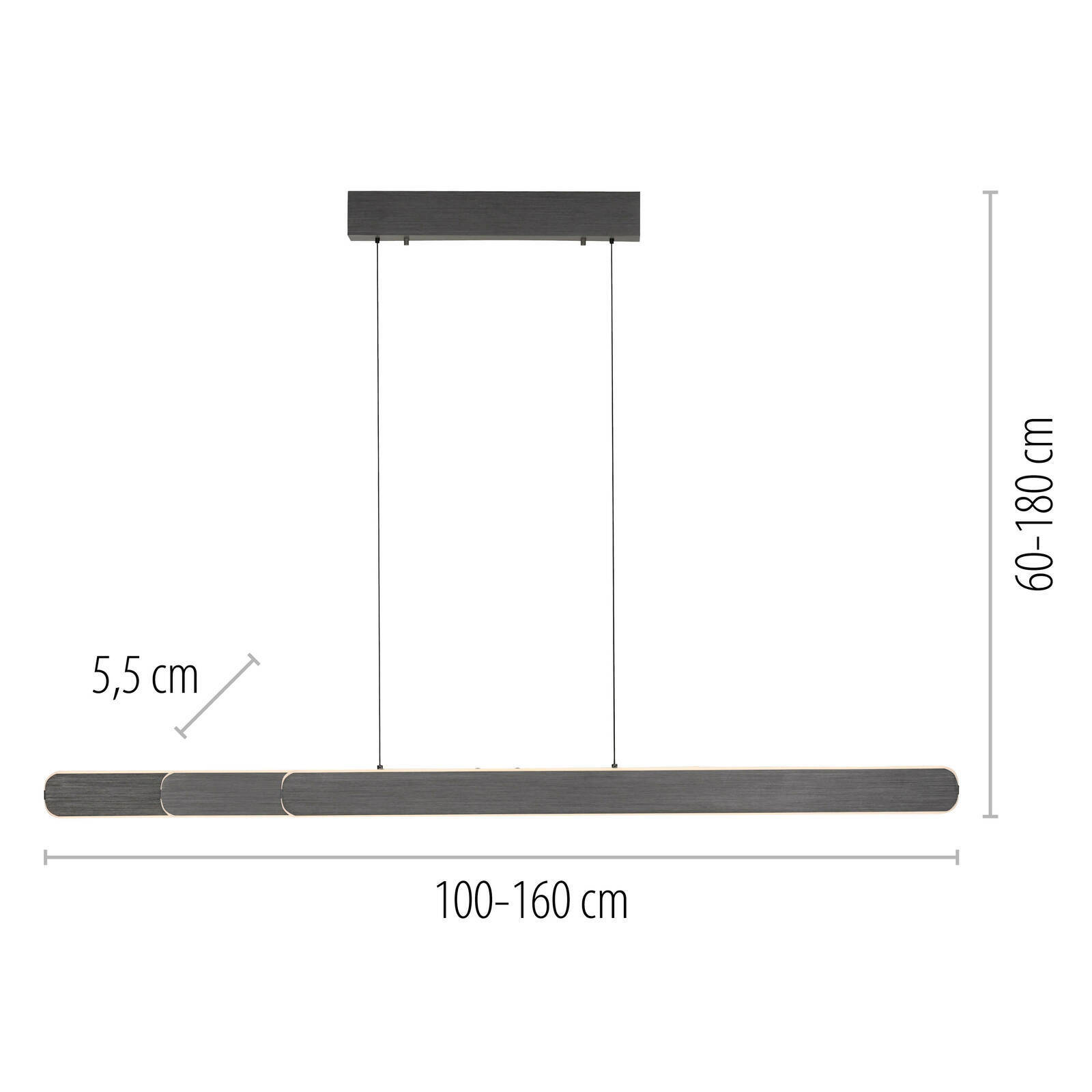 Seitenansicht der Paul Neuhaus Pendelleuchte ADRIANA ROUND mit verstellbarer Länge von 100-160 cm und einer Höhe von 60-180 cm.