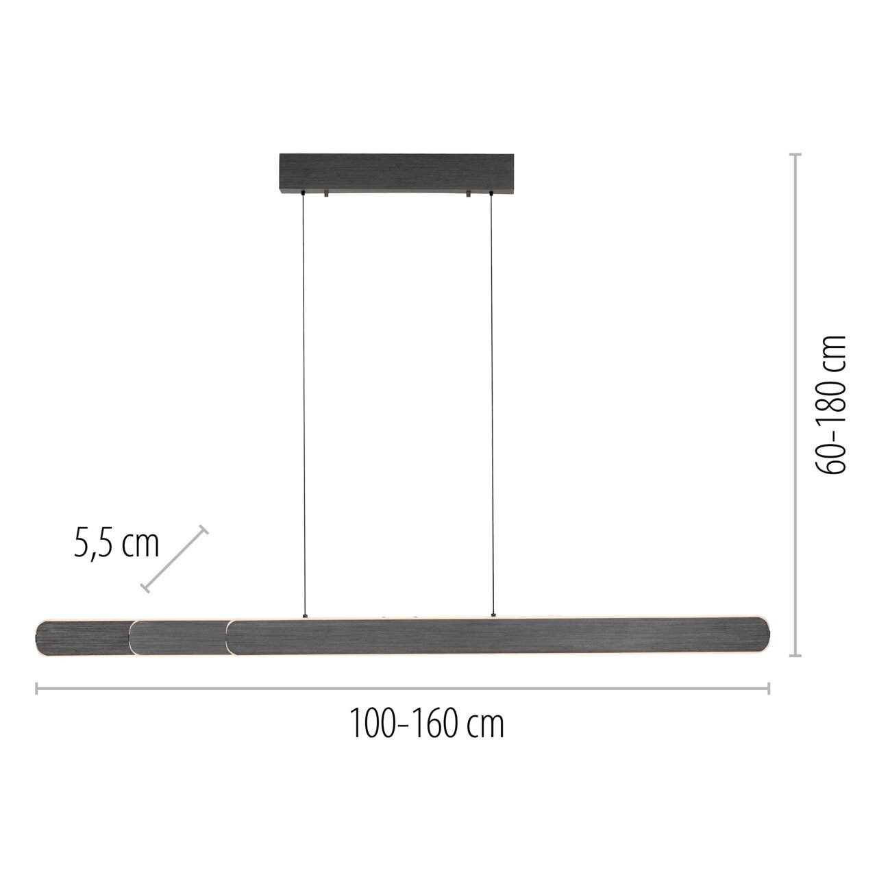 Seitenansicht der Paul Neuhaus Pendelleuchte ADRIANA ROUND mit verstellbarer Länge von 100-160 cm und einer Höhe von 60-180 cm.