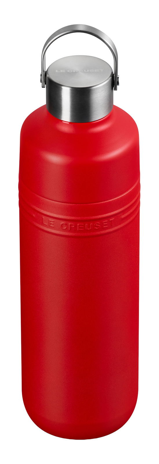 Rote Trinkflasche mit Edelstahlverschluss, seitliche Perspektive