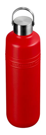 Rote Trinkflasche mit Edelstahlverschluss, seitliche Perspektive