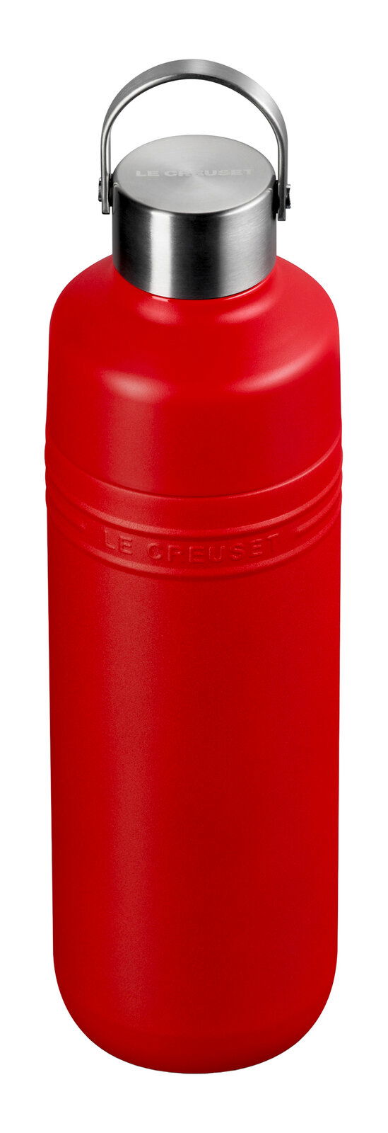 Rote Trinkflasche mit Edelstahlverschluss, seitliche Perspektive