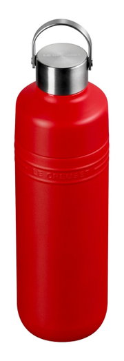 Rote Trinkflasche mit Edelstahlverschluss, seitliche Perspektive