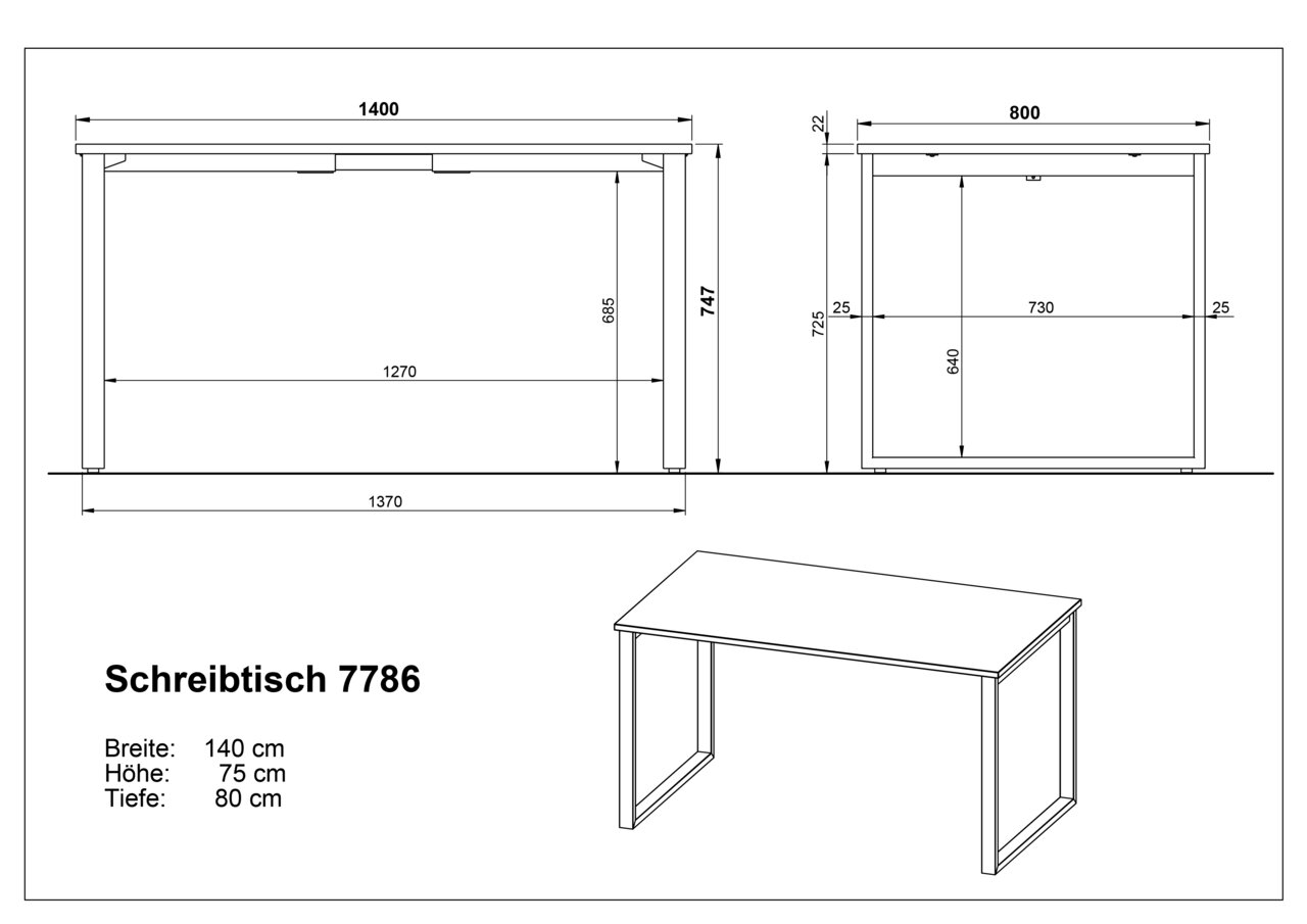 Technische Zeichnung des Schreibtischs 7786 mit Maßangaben (Breite 140 cm, Tiefe 80 cm, Höhe 75 cm), dargestellt in Front- und Seitenansicht sowie in schräger Perspektive (3D-Ansicht).