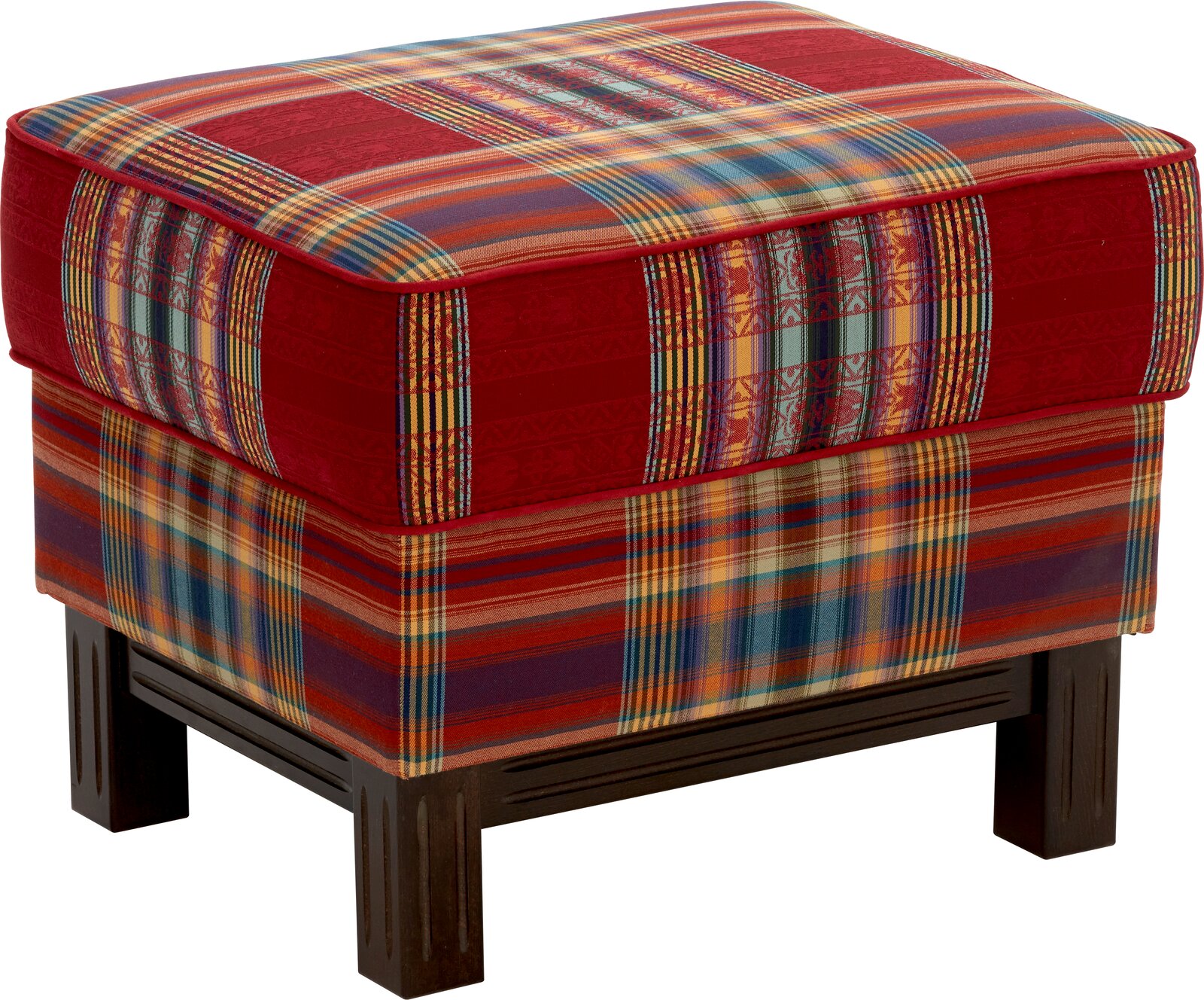 Zurbrüggen Hocker OXFORD Gepolsterter Hocker mit rot-buntem Karomuster und dunklen Holzbeinen, schräg von vorne oben (3/4-Ansicht) freigestellt