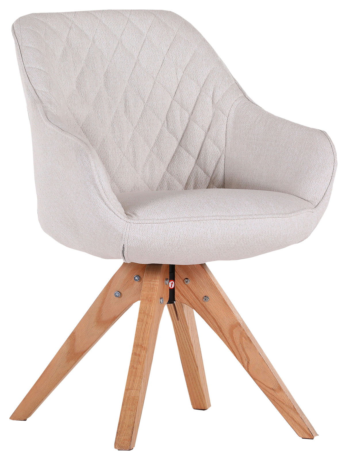 Beiger Armlehnstuhl mit gepolsterter Sitzfläche und rautenförmigem Muster, auf Holzbeinen, seitliche Perspektive