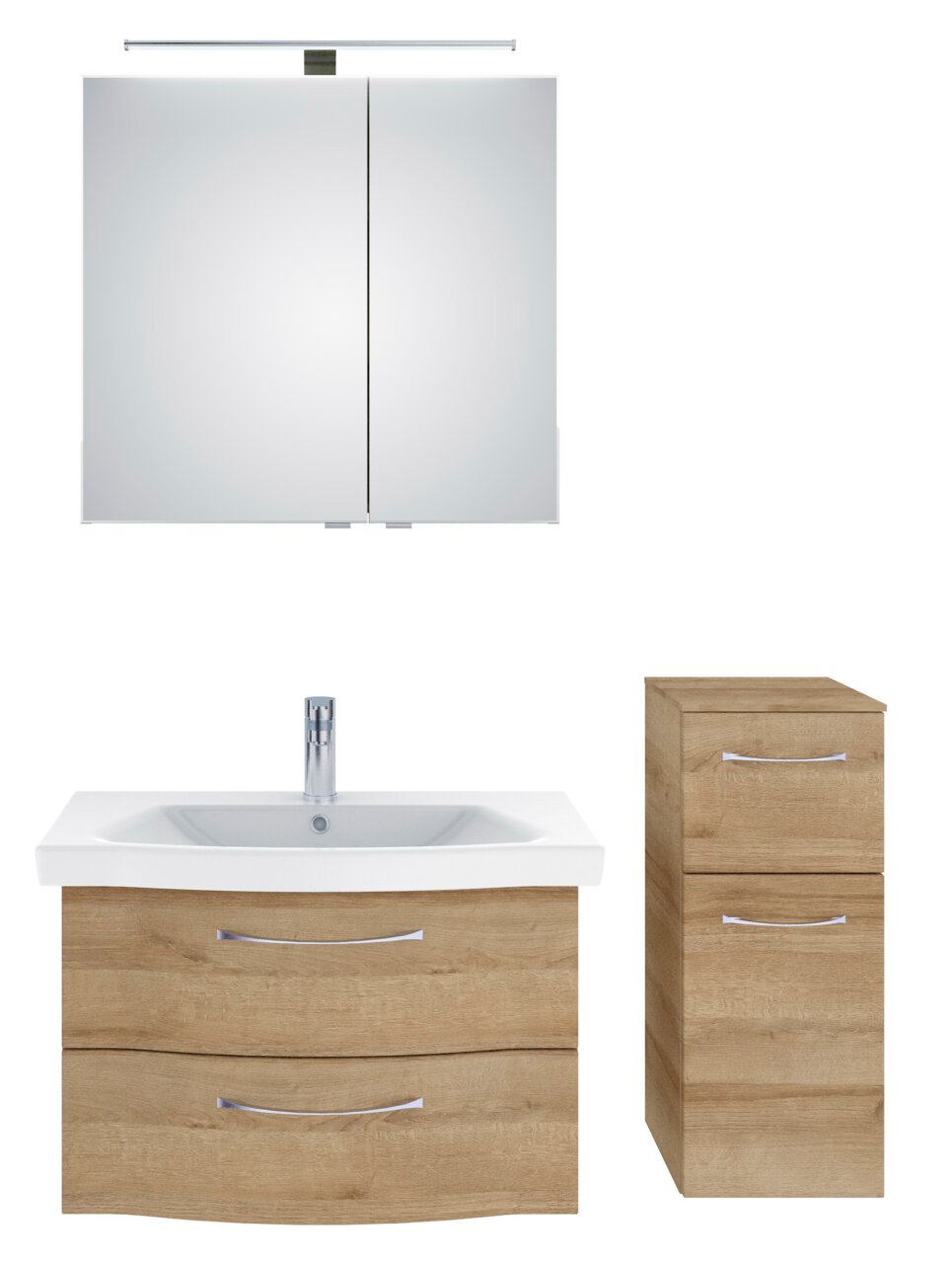Badezimmermöbel-Set mit Spiegelschrank, Waschbeckenunterschrank und Hochschrank in Holzoptik, Frontalansicht