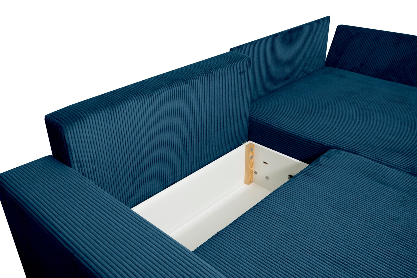 Rundecke in blauer Cordoptik mit geöffneter Stauraumfunktion, Perspektive von oben.