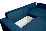 Rundecke in blauer Cordoptik mit geöffneter Stauraumfunktion, Perspektive von oben.