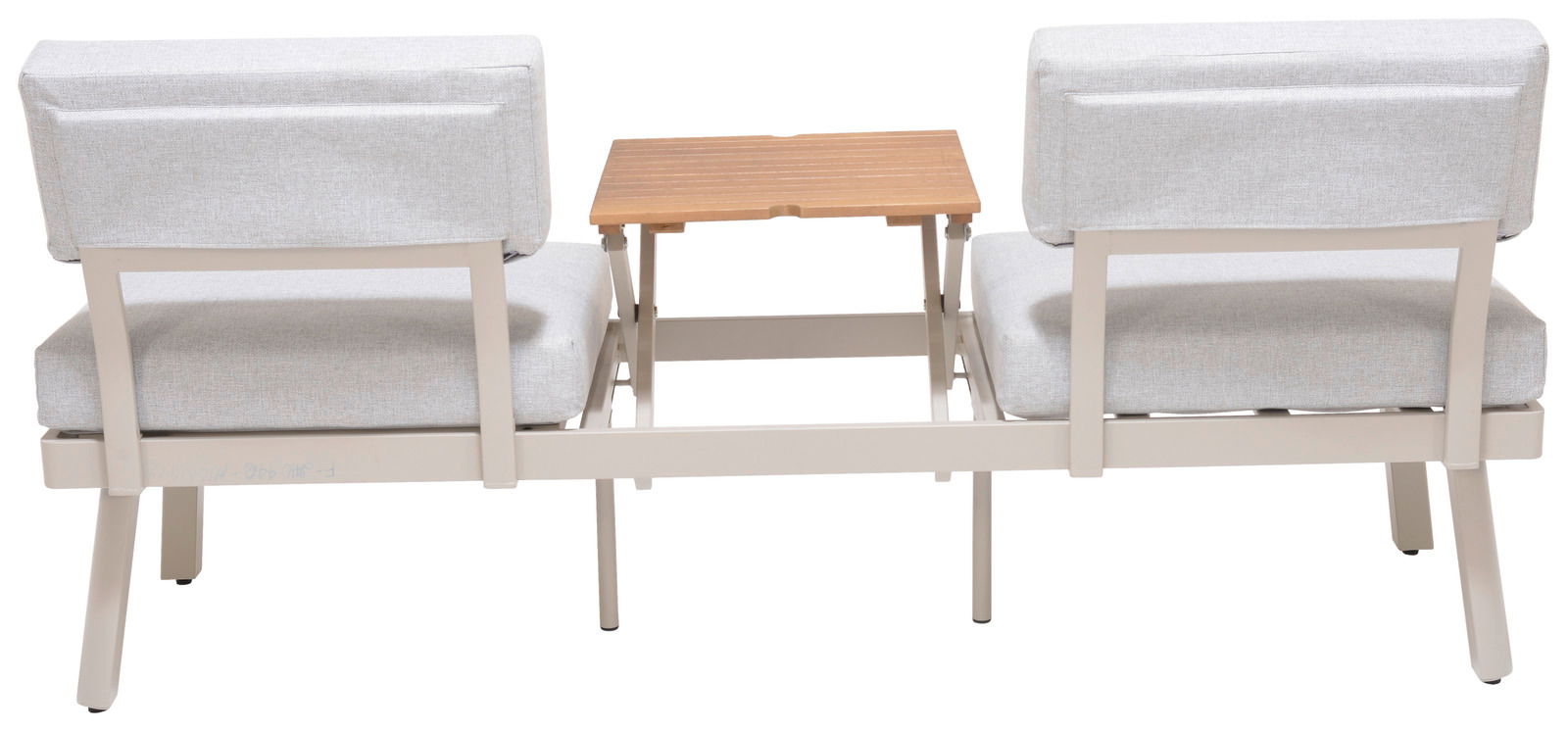 Rückansicht einer Lounge-Kombination mit zwei grauen Sitzen und einem Holztisch in der Mitte.