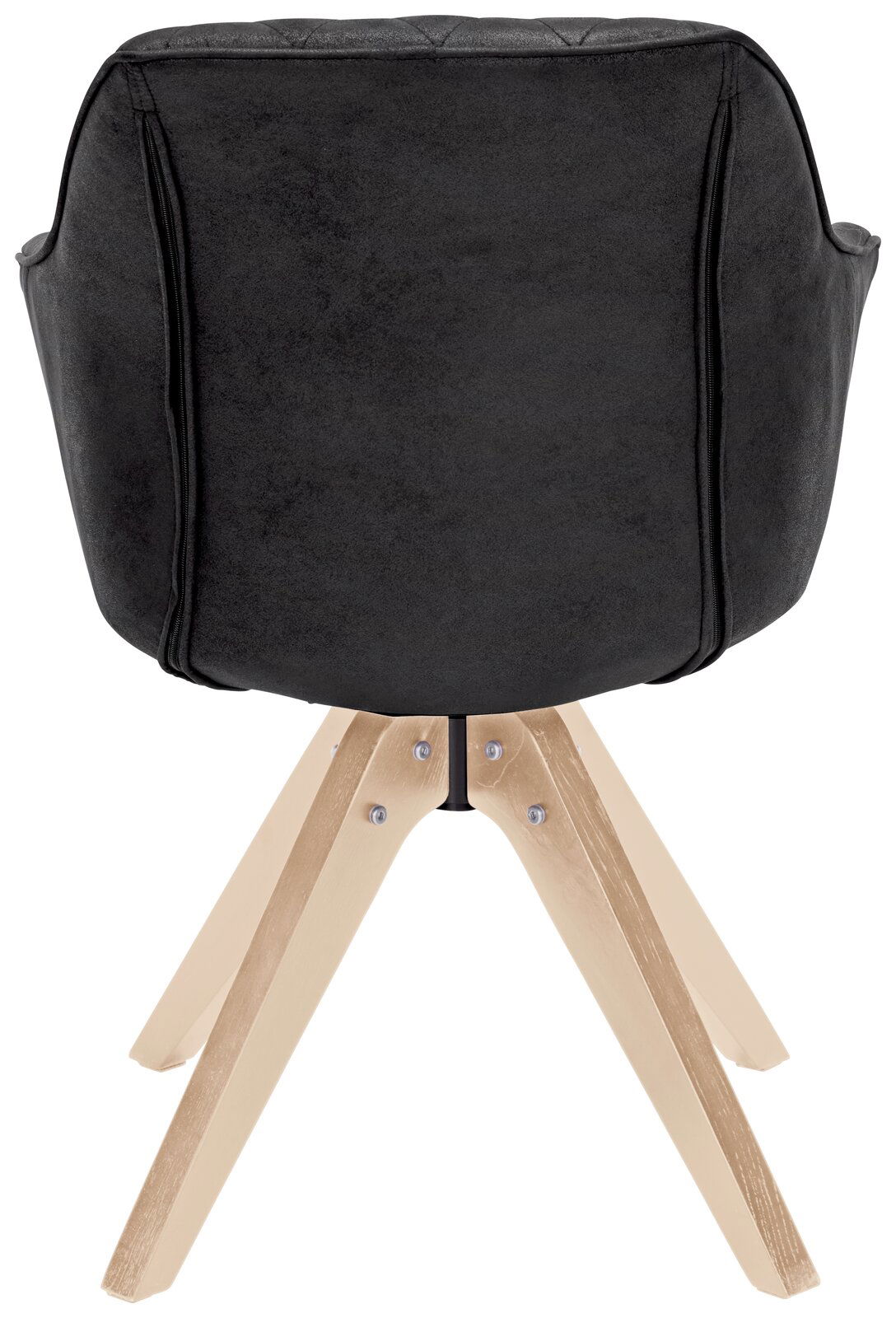 Rückansicht eines modernen Stuhls mit schwarzer Polsterung und hellen Holzbeinen.