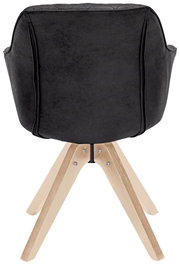 Rückansicht eines modernen Stuhls mit schwarzer Polsterung und hellen Holzbeinen.