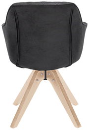 Rückansicht eines modernen Stuhls mit schwarzer Polsterung und hellen Holzbeinen.