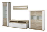 Moderne Wandkombination in Holzoptik mit weißem Hochglanz, bestehend aus einem hohen Schrank, einem TV-Board und einem Hängeregal, frontal betrachtet.