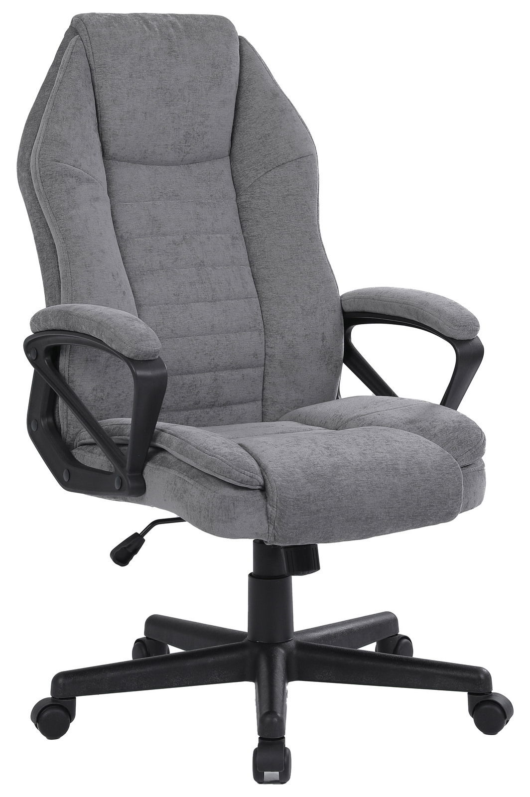 Grauer Homeoffice-Drehstuhl mit Armlehnen, seitliche Perspektive