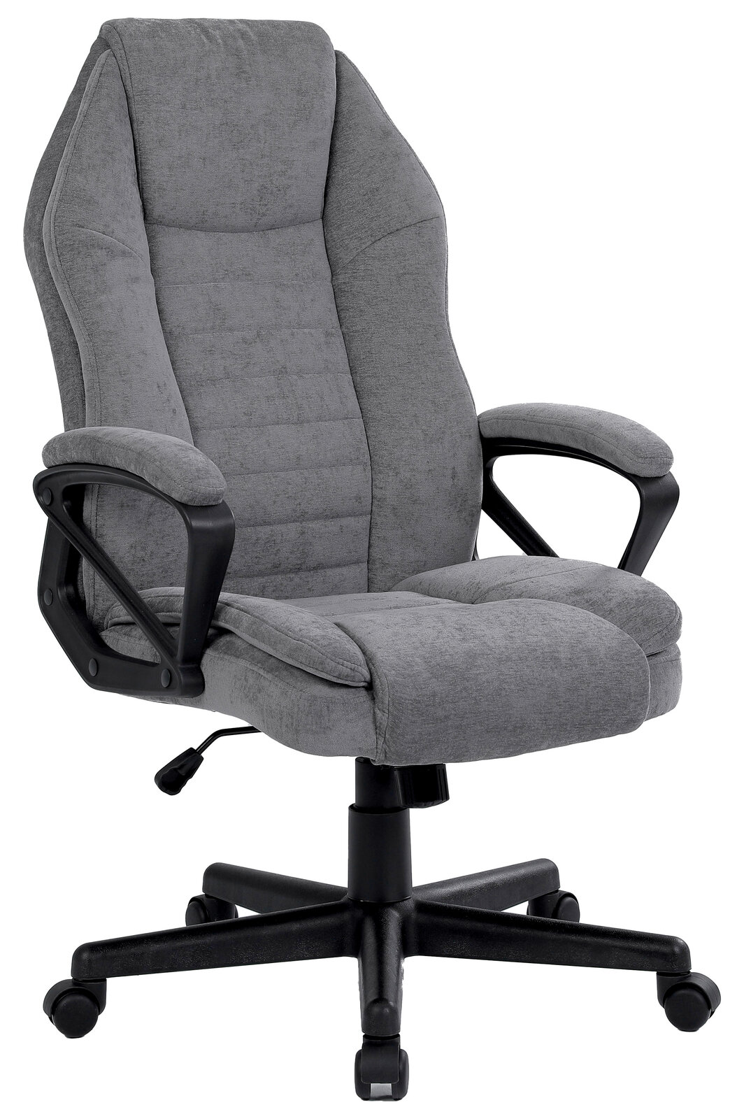 Grauer Homeoffice-Drehstuhl mit Armlehnen, seitliche Perspektive