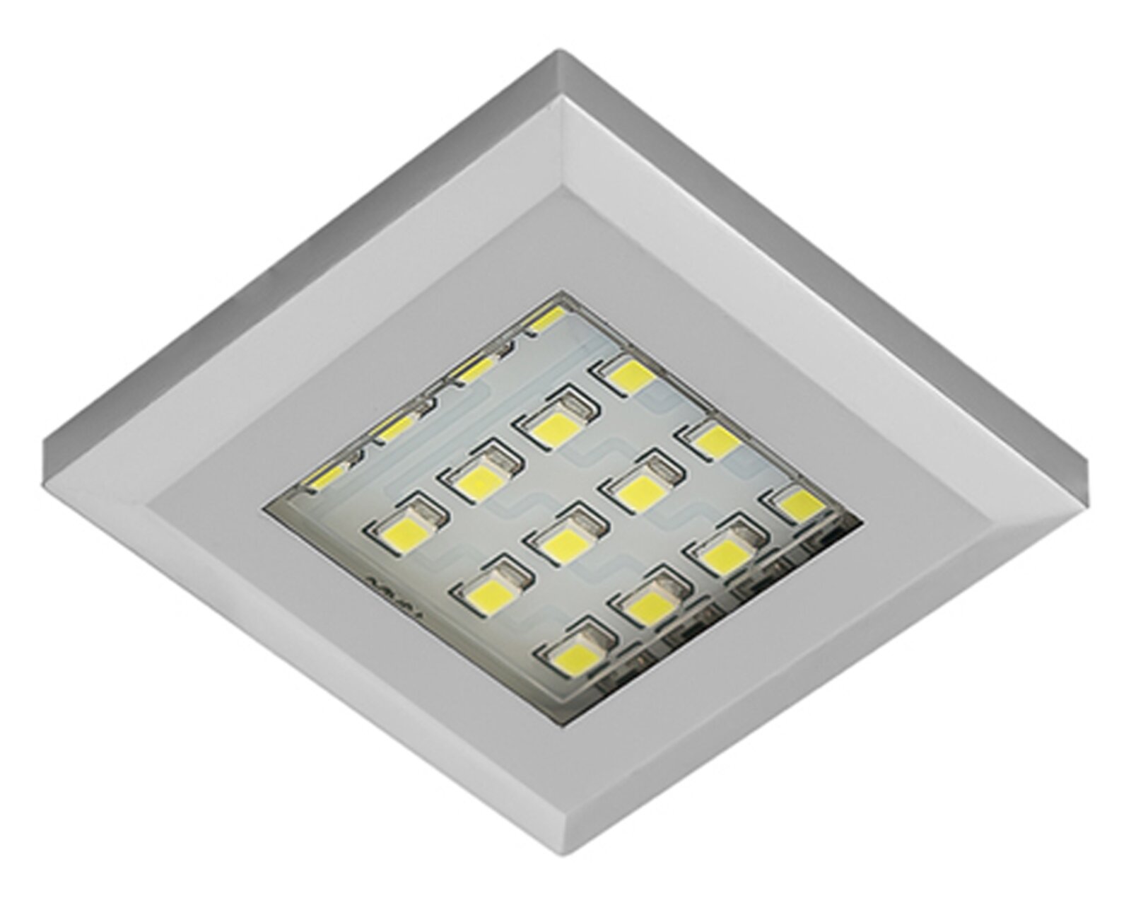 Quadratische weiße LED-Deckenleuchte mit sichtbaren LED-Chips hinter transparenter Abdeckung, schräg von unten in Perspektive fotografiert