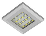 Quadratische weiße LED-Deckenleuchte mit sichtbaren LED-Chips hinter transparenter Abdeckung, schräg von unten in Perspektive fotografiert