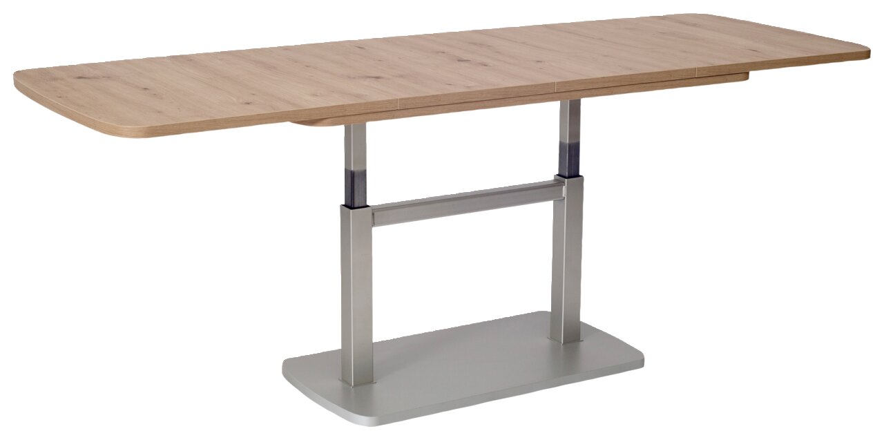 Moderner Couchtisch mit Holzplatte und verstellbarem Metallgestell, seitliche Perspektive