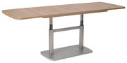 Moderner Couchtisch mit Holzplatte und verstellbarem Metallgestell, seitliche Perspektive