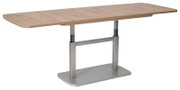 Moderner Couchtisch mit Holzplatte und verstellbarem Metallgestell, seitliche Perspektive