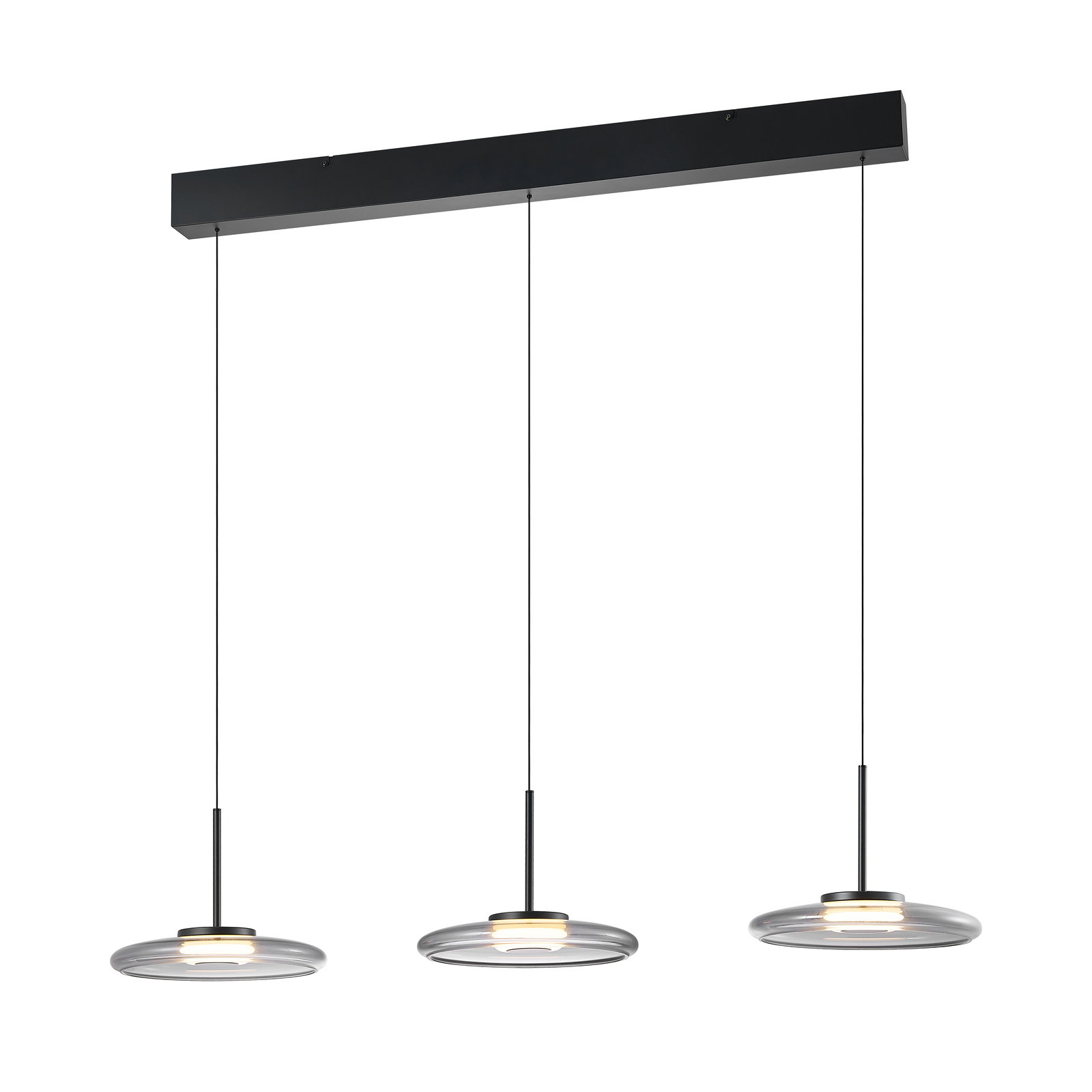 Moderne LED-Hängeleuchte mit drei runden, flachen Leuchtkörpern, von der Seite betrachtet.