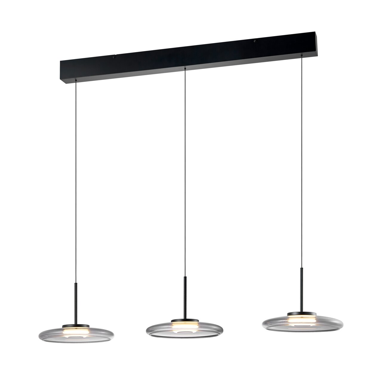 Moderne LED-Hängeleuchte mit drei runden, flachen Leuchtkörpern, von der Seite betrachtet.
