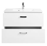 Weiße Badkombination mit zwei Schubladen und integriertem Waschbecken, Frontalansicht