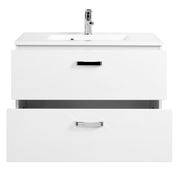Weiße Badkombination mit zwei Schubladen und integriertem Waschbecken, Frontalansicht