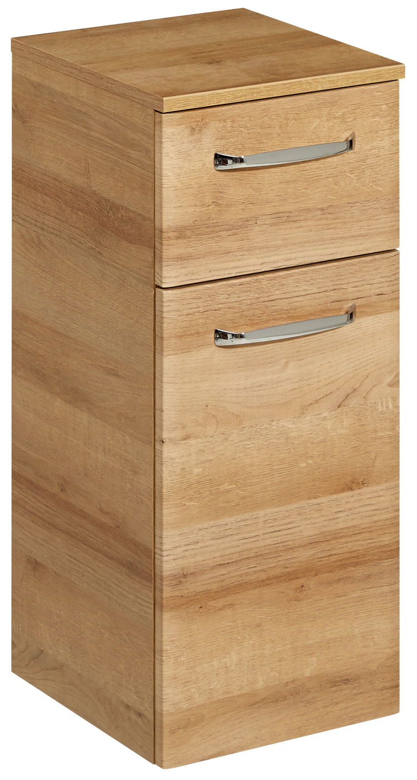 Unterschrank aus Holz mit zwei Schubladen und silbernen Griffen, Perspektive von vorne links