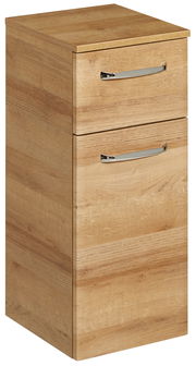 Unterschrank aus Holz mit zwei Schubladen und silbernen Griffen, Perspektive von vorne links