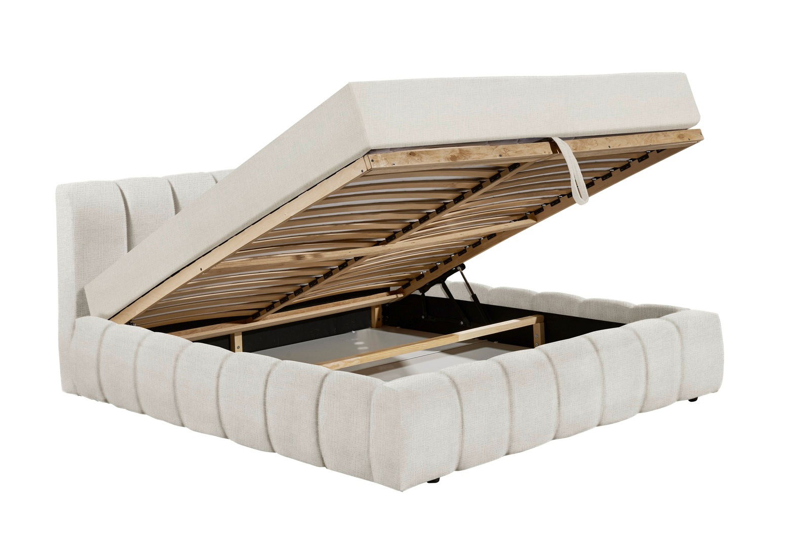 Seitliche Ansicht eines Polsterbetts mit hochgeklappter Matratze und sichtbarem Stauraum darunter.