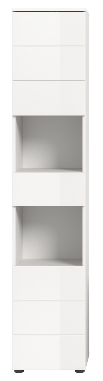 Weißer Hochschrank mit zwei offenen Fächern, frontal betrachtet.