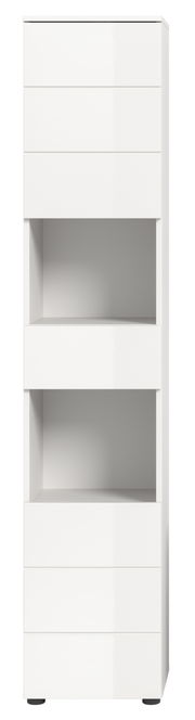 Weißer Hochschrank mit zwei offenen Fächern, frontal betrachtet.