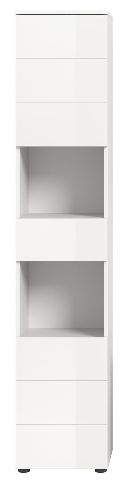 Weißer Hochschrank mit zwei offenen Fächern, frontal betrachtet.