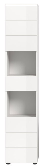 Weißer Hochschrank mit zwei offenen Fächern, frontal betrachtet.